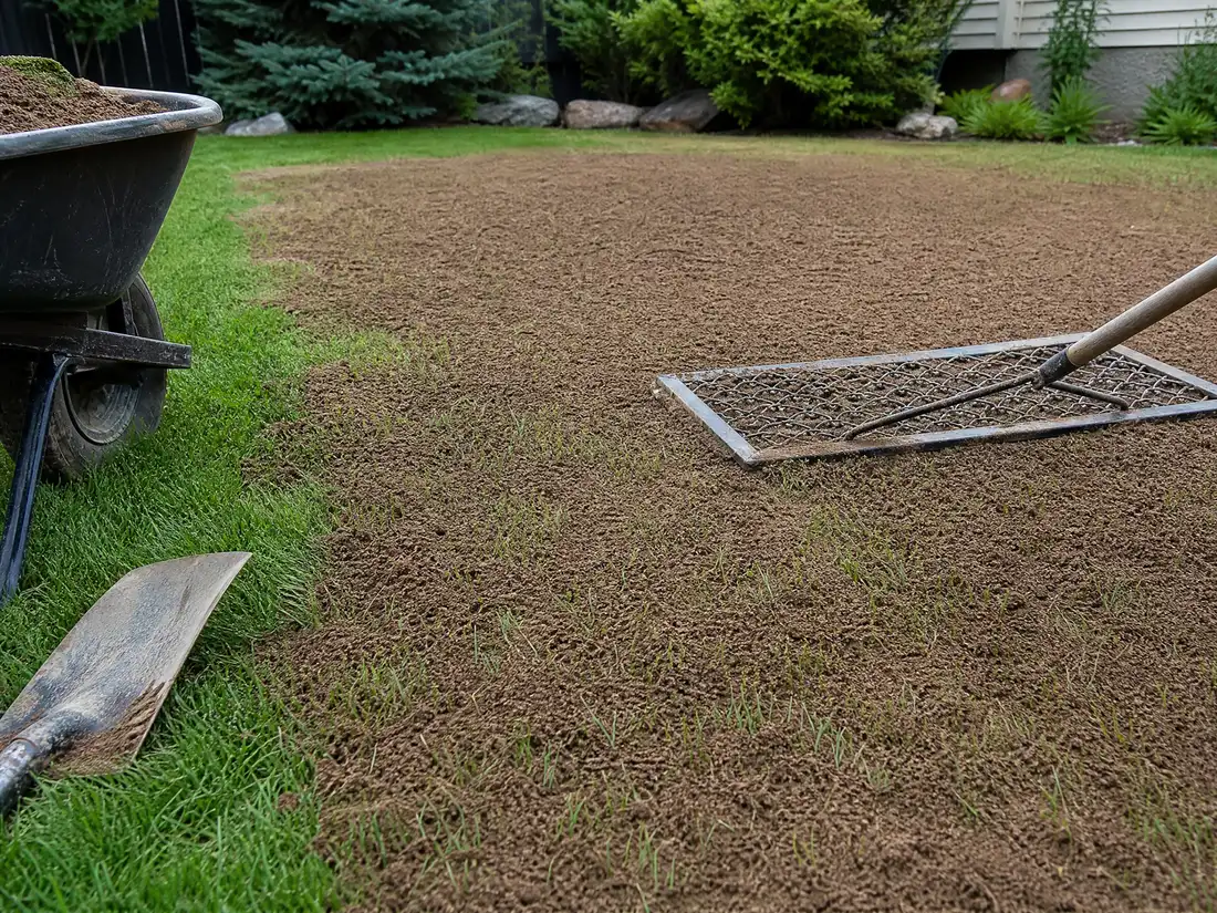 A lawn being topdressed with a soil mix and levelled with a drag mat in Saskatoon, SK