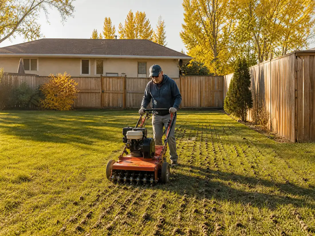 A core aerator pulling plugs from a lawn in early autumn in Saskatoon, SK
