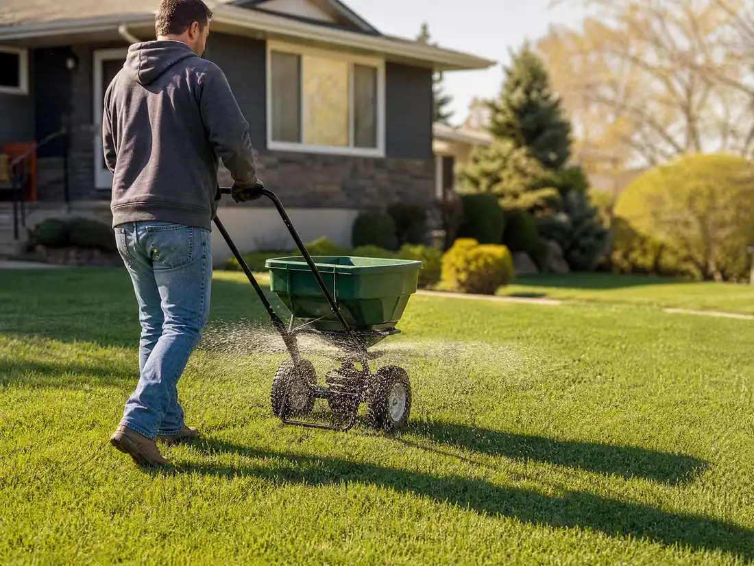 A broadcast spreader applying fertilizer to a green bluegrass lawn in Saskatoon, SK