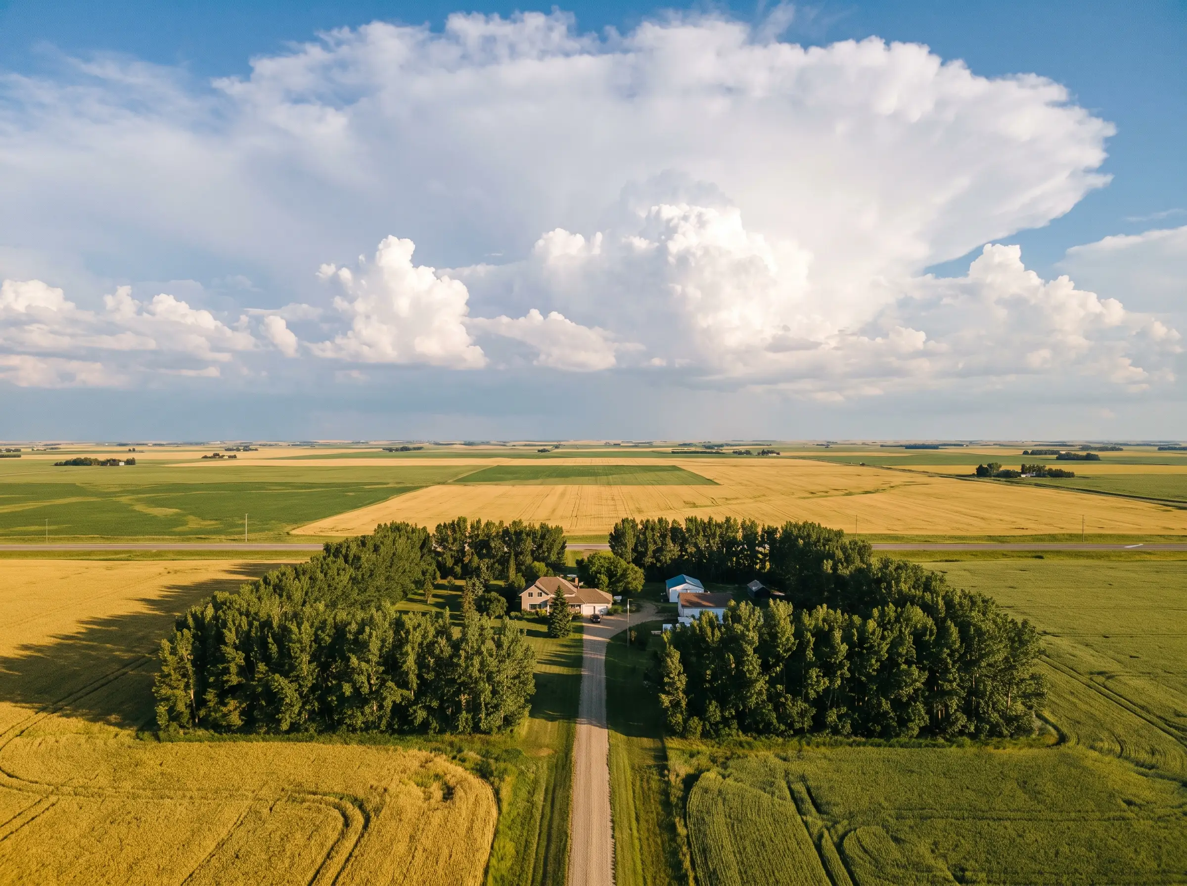 Open prairie farmland and a rural acreage driveway near Saskatoon, SK