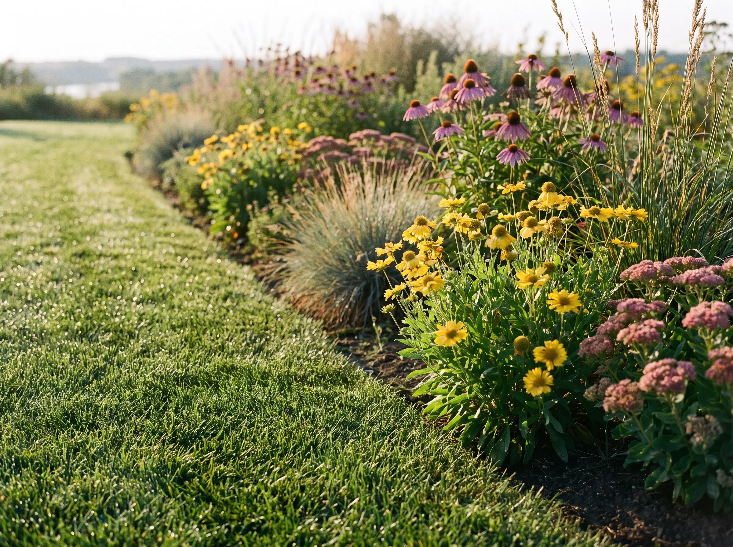A healthy bluegrass lawn beside a prairie garden bed in Saskatoon, SK