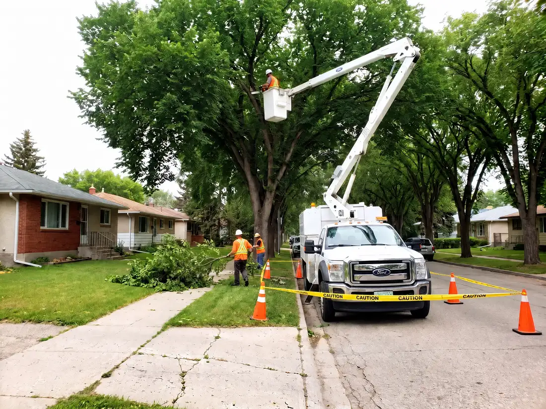 A tree trimming and removal crew working from a bucket truck in a boulevard elm in Saskatoon, SK